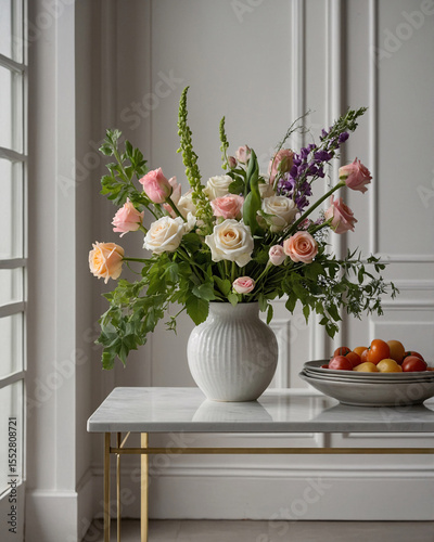 modern dining room tabletop showing fresh vegetables tomato cucumber paprika with floral vase and glass drink on elegant marble table soft home interior Vegetables Stock Photo Background Wallpaper