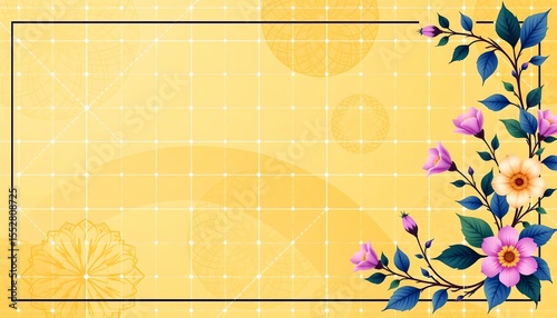 a vibrant and detailed backdrop design with a floral border. it is a stylized digital artwork that features a grid pattern throughout