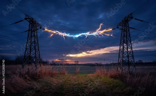 Electrical storm with lightning strikes between power line towers at night. Energy and nature.