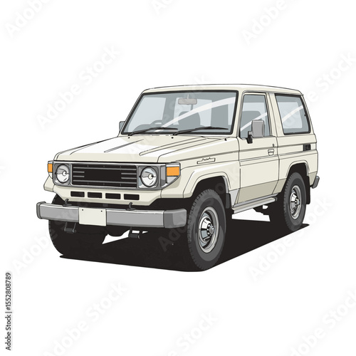 Illustration of a vintage white SUV, a classic off-road vehicle, angled to the left.
