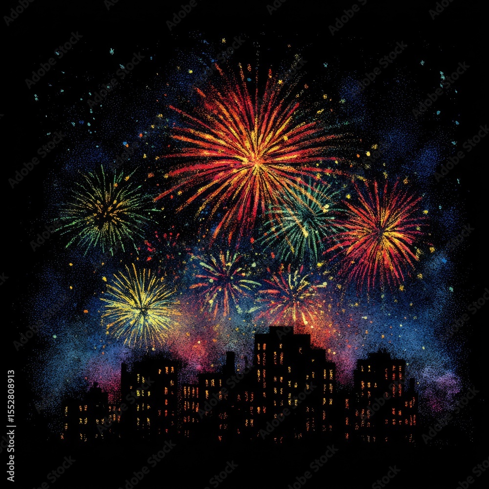 © Gamenin - Vibrant fireworks explode over a cityscape at night, colorful bursts against a dark sky, detailed with textured strokes