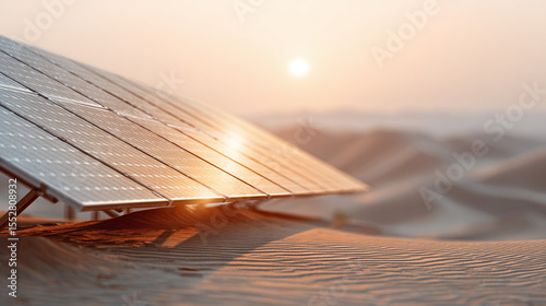 Solar panel array in desert landscape with warm sunlight reflecting on surface, showcasing renewable energy technology in vast sandy environment