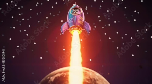Whimsical animation of a cat in a rocket ship launching to the moon with graffiti art.