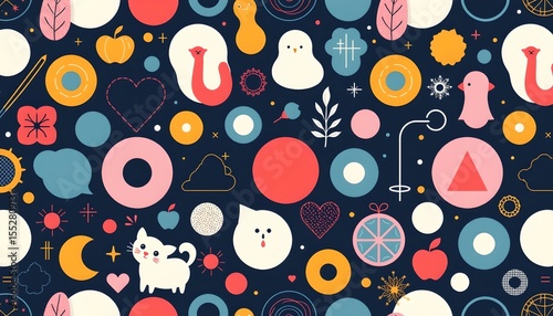 the image is a lively digital illustration featuring a pattern of vibrant cartoon elements