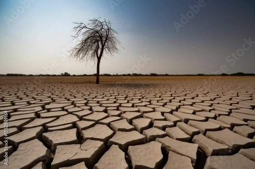 Arid cracked land with a bare tree in a parched landscape, symbolizing drought and climate change.