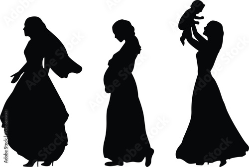 Woman's Journey: Elegant Silhouette, Pregnancy Expectation, and Joyful Motherhood, Celebrating Femininity, New Life, Maternity Stages, Family Love, Carefree Spirit, Growth, Hope, Future.