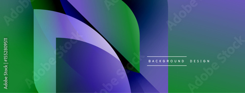 Abstract geometric shapes blend vibrant greens, purples, blues. Modern design creates dynamic visual impact. Minimal text present.