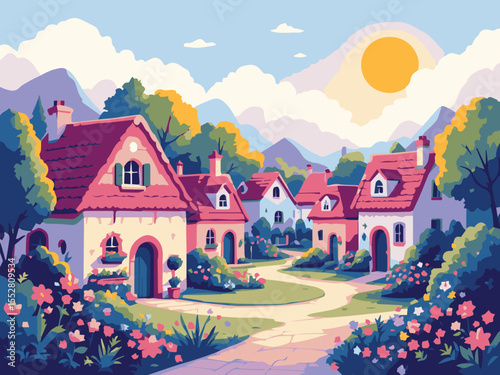 landscape with houses in village