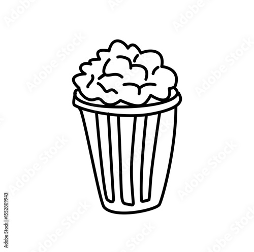 Hand-Drawn Popcorn Bucket with Overflowing Kernels, Black Outline Style