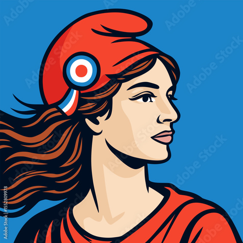 French Marianne. 14 July. Bastille Day. Bright vector poster