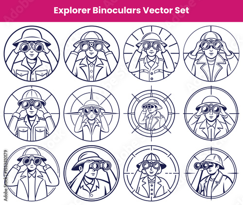 Explorer Binoculars Set Line Art Icons of Men and Women