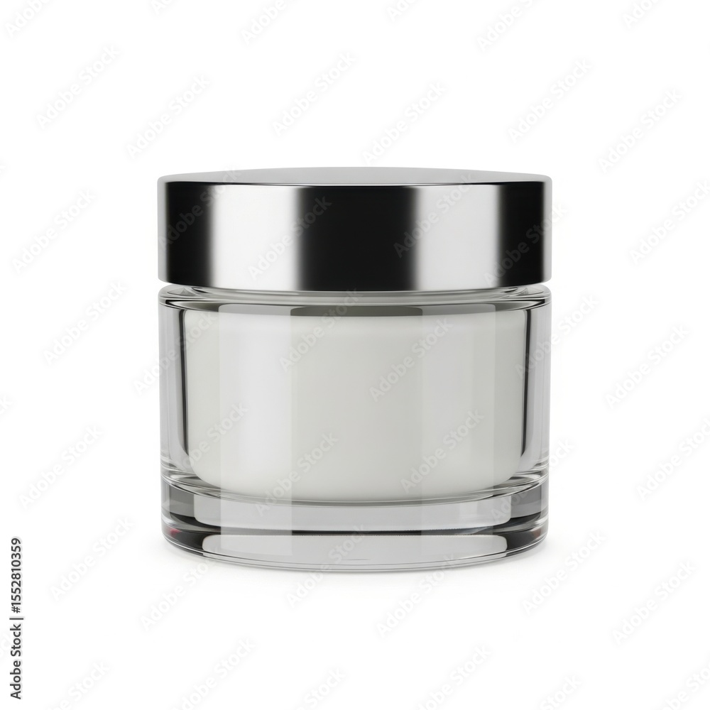 Luxurious glass jar with silver lid filled with white cream for skincare and beauty products Luxurious glass jar with silver lid filled with white cream for skincare and beauty products