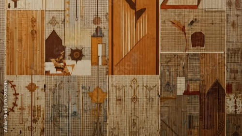 Abstract Wood Panel Art: Geometric Shapes, Floral Motifs, and Architectural Elements