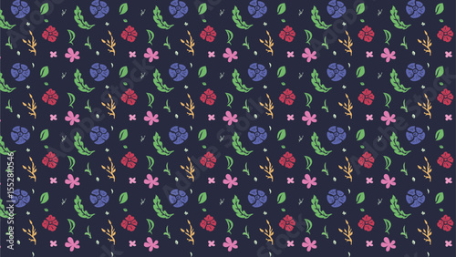 seamless colorful botanical element on navy blue background. Vector of leaf, flower element in simple style vector.