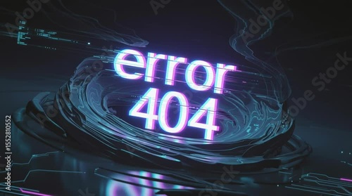 Error 404 message with glitch effect, surrounded by abstract shapes and circuit patterns.