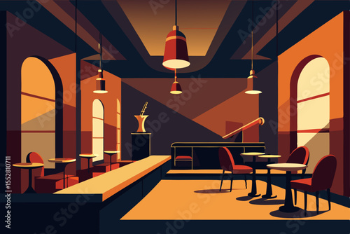 Night view vector illustration of a luxurious church interior with old lamps and an empty restaurant room with table, chairs, and warm lighting design