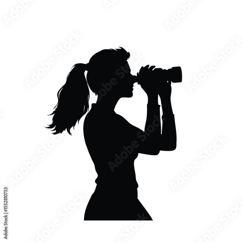 Silhouette of a woman with a ponytail using binoculars to observe