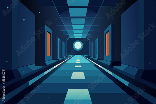 Bright light illuminates an empty, long, dark architectural tunnel with a perspective view of the interior corridor
