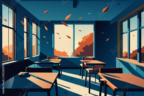 Empty restaurant interior with wooden tables and chairs, nobody inside