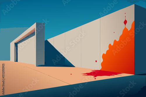 Modern architecture building with a blue sky and an arrow chart showing business statistics on a concrete wall