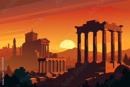Ancient Temple at Sunset: A breathtaking illustration of an ancient temple, bathed in the warm glow of the setting sun, evokes a sense of historical grandeur and mystery.