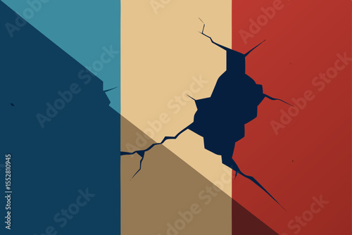 Cracked Flag: Abstract illustration of a national flag fractured into pieces, symbolizing division or political unrest.