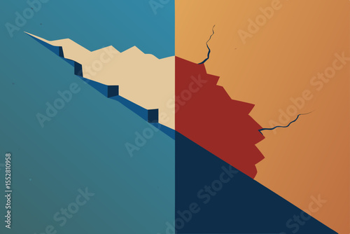 Steps and Wall: A graphic representation of contrasting elements - a structured staircase against a fractured wall, symbolizing progression, and breakdown. The scene evokes themes of change.