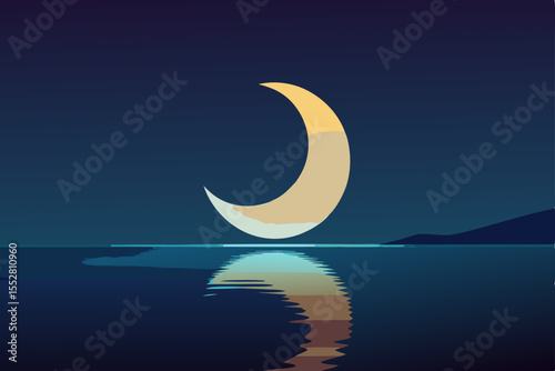 Silent Moonlight: A serene illustration of a crescent moon reflected in the calm, dark waters of a night scene, with simple details and a dreamy ambiance.