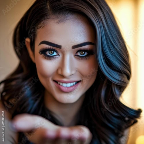 Attractive brunette sends air kiss with pouty lips and hand gesture, romantic expression.