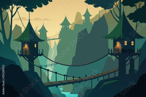 Enchanting Mountain Village: Step into a world of fantasy as a charming mountain village perches on a towering landscape, bridges connecting tree houses nestled among the cliffs.