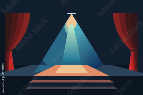 Stage Spotlight: A minimalist illustration of an empty stage, bathed in a single spotlight, with deep red curtains framing the scene.  The image evokes a sense of anticipation and drama. 