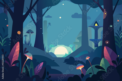 Enchanted Forest at Night: A mystical nighttime scene in a vibrant, stylized forest, featuring glowing mushrooms,  a moonlit path, and an ethereal glow.