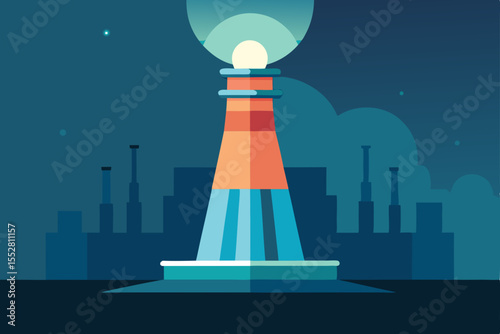 Lighthouse Beam in The Night: a vibrant and captivating illustration of a lighthouse casting its guiding beam across the night sky. The image symbolizes direction, safety, and hope. 
