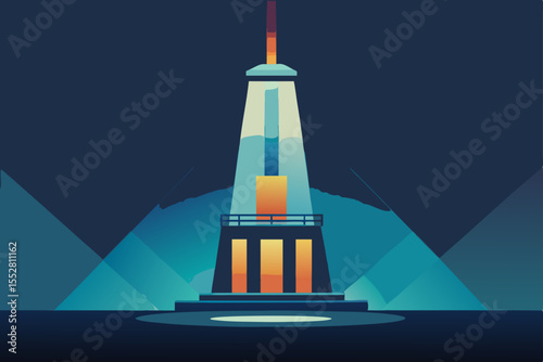 Architectural Beacon: An illustration of a majestic tower, emanating light against a backdrop of stylized mountains and a night sky. Its a celebration of architectural design.