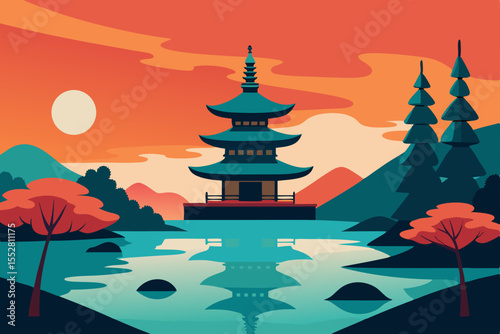 Japanese Pagoda by Lake: A tranquil digital illustration captures a traditional Japanese pagoda on a serene lake with a vibrant sunset, invoking feelings of calm.