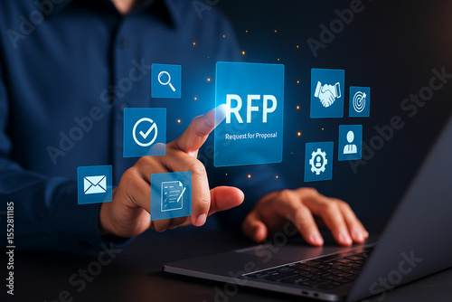 Businessman interacting with digital interface showing rfp request for proposal and business icons