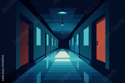 Mysterious Dark Corridor A Digital Illustration of an Eerie Long Hallway