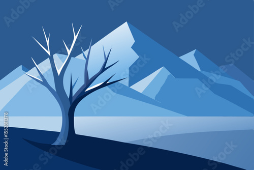 Serene Winter Landscape Bare Tree Silhouette Against Snowy Mountains