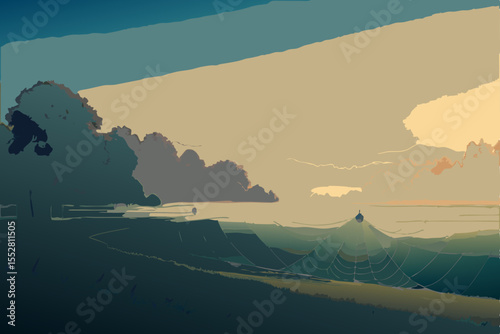 Serene Coastal Sunrise A Peaceful Ocean View Illustration