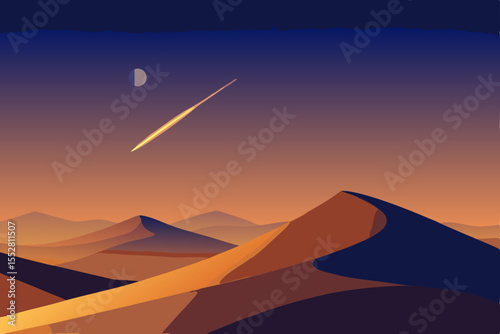 Desert Night Sky Shooting Star over Rolling Sand Dunes