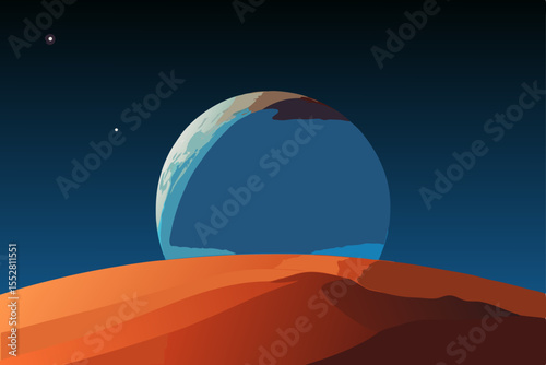 Spectacular View Alien Planet Rising Over Martian Dune Landscape