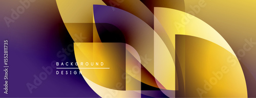 Abstract geometric composition. Overlapping shapes create dynamic visual effect. Purple, yellow hues dominate design. Modern, stylish background.