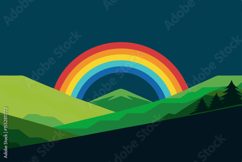 Vibrant Rainbow Arching Over Lush Green Mountains A Nighttime Landscape Illustration