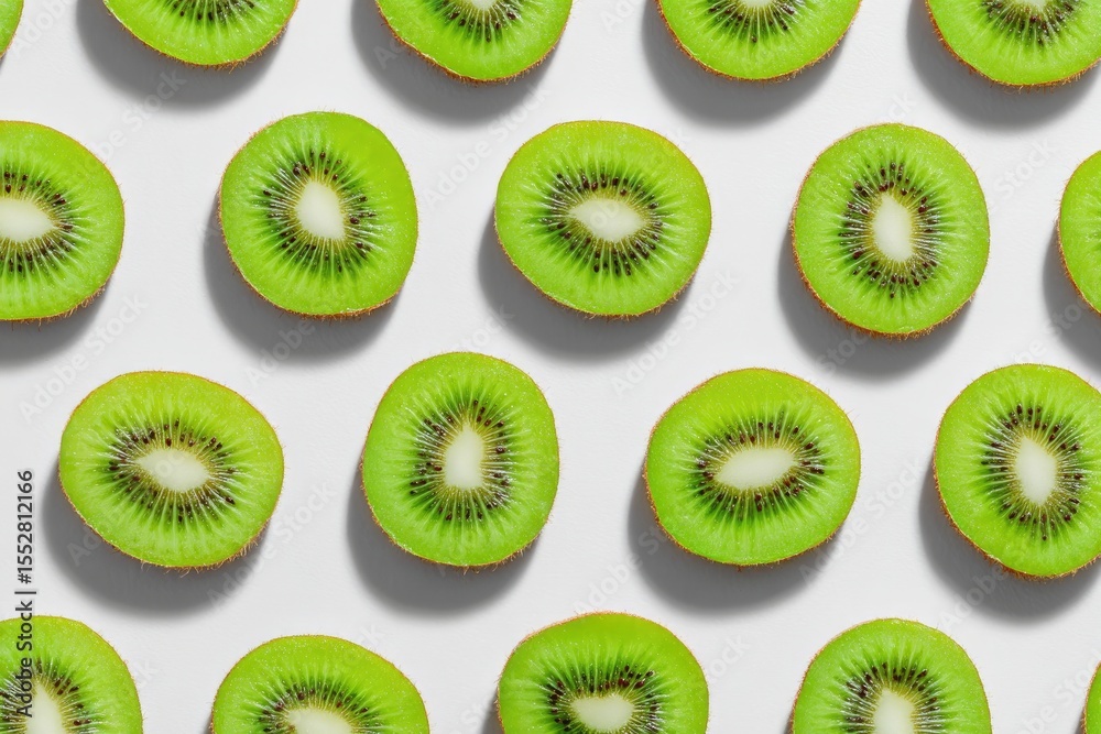 Fototapeta premium A repeating pattern of vibrant green kiwi slices arranged on a bright white background, casting subtle shadows