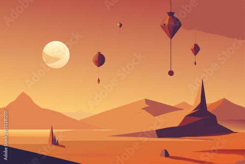 Vibrant orange sunlight bathes a desert landscape with silhouetted camels, mountains, and a lone tree under a vast sky, blending the serene beauty of a beach sunset