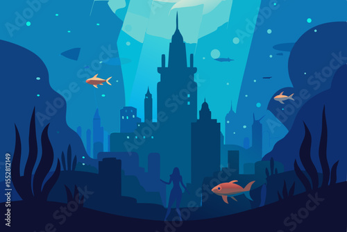 Halloween night city vector illustration with a spooky moonlit castle silhouette