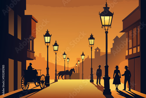 Urban streetscape at night, with city lights illuminating old European architecture and a vibrant sunset silhouette against the sky