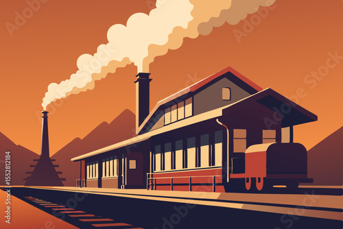 Old industrial factory chimneys emit smoke into the blue sky, polluting the air above the city landscape at sunset