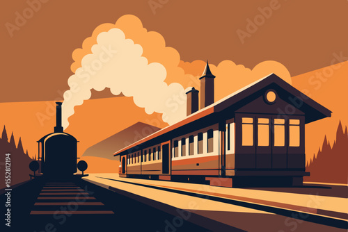 Night industrial city landscape with factories, smoke, and urban architecture silhouetted against the polluted sunset sky