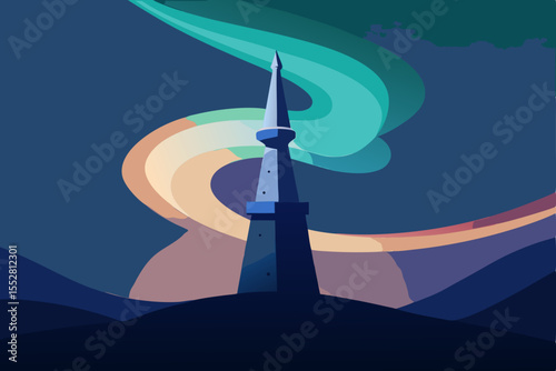 Satellite dish antennas on a moonlit planet landscape illustration under a star-filled night sky
